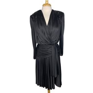 ABBY KENT Vintage 1980s Black Satin Formal Beaded Gown Size 12 Made in USA